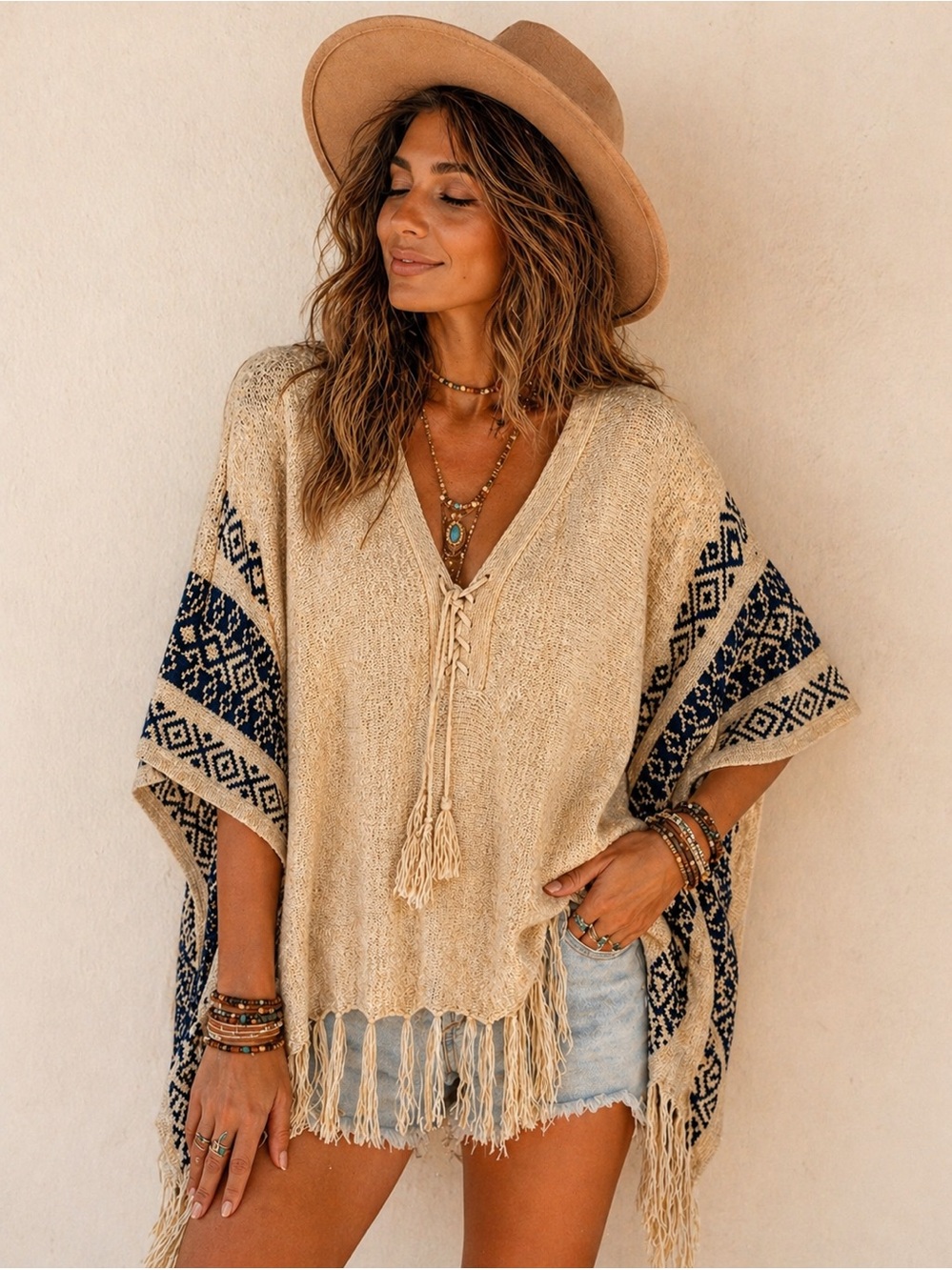 Boho Fringe Knit Poncho Top Lace-Up Southwestern Festival